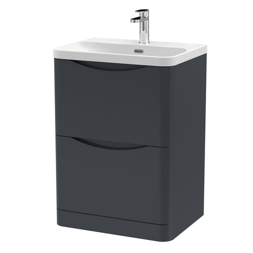 Nuie Lunar 600mm 2 drawer floor standing vanity unit with thin-edge ceramic basin in Soft Black
