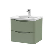 Nuie Lunar 600mm 2 drawer wall hung vanity unit with ceramic basin in Satin Green