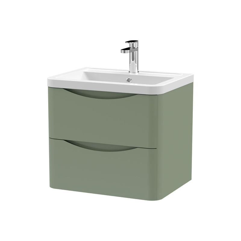 Nuie Lunar 600mm 2 drawer wall hung vanity unit with ceramic basin in Satin Green