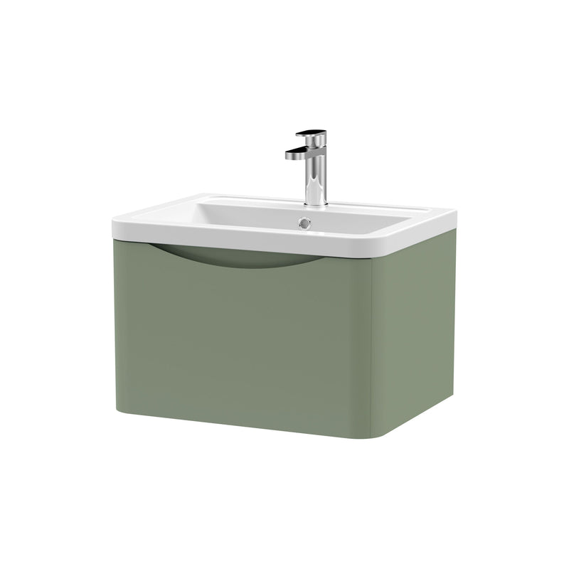 Nuie Lunar 600mm 1 drawer wall hung vanity unit with ceramic basin in Satin Green