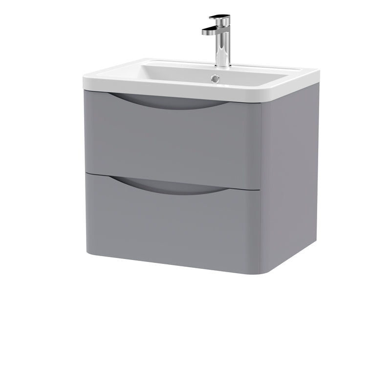 Nuie Lunar 600mm 2 drawer wall hung vanity unit with ceramic basin in Satin Grey
