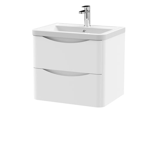 Nuie Lunar 600mm 2 drawer wall hung vanity unit with ceramic basin in Satin White
