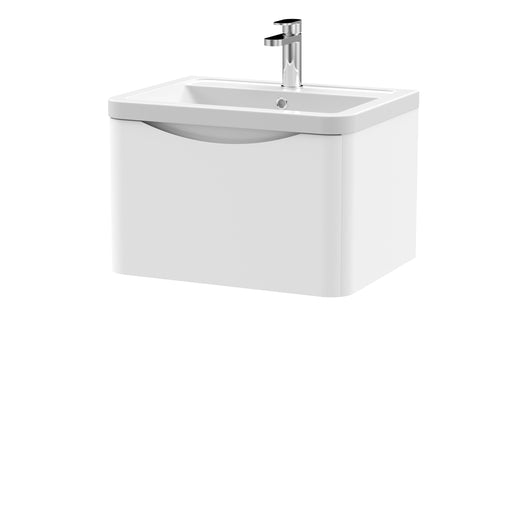Nuie Lunar 600mm 1 drawer wall hung vanity unit with ceramic basin in Satin White