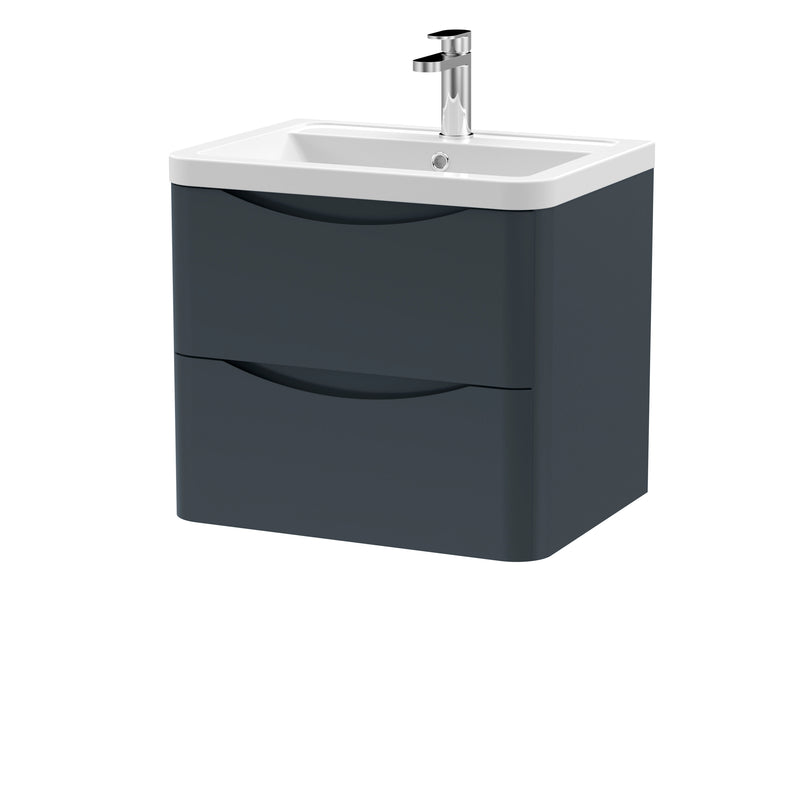 Nuie Lunar 600mm 2 drawer wall hung vanity unit with ceramic basin in Soft Black