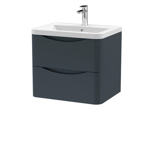 Nuie Lunar 600mm 2 drawer wall hung vanity unit with ceramic basin in Soft Black