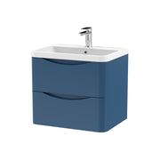 Nuie Lunar 600mm 2 drawer wall hung vanity unit with polymarble basin in Satin Blue