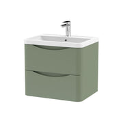 Nuie Lunar 600mm 2 drawer wall hung vanity unit with polymarble basin in Satin Green