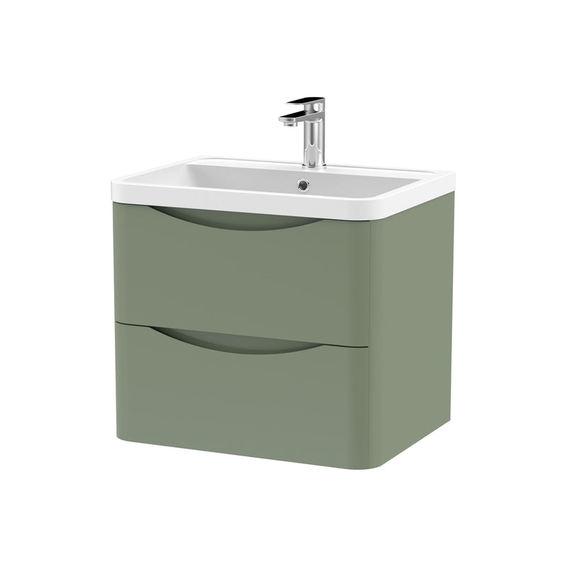 Nuie Lunar 600mm 2 drawer wall hung vanity unit with polymarble basin in Satin Green