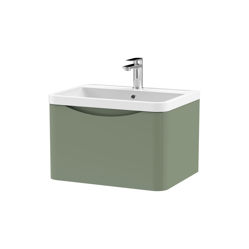 Nuie Lunar 600mm 1 drawer wall hung vanity unit with polymarble basin in Satin Green