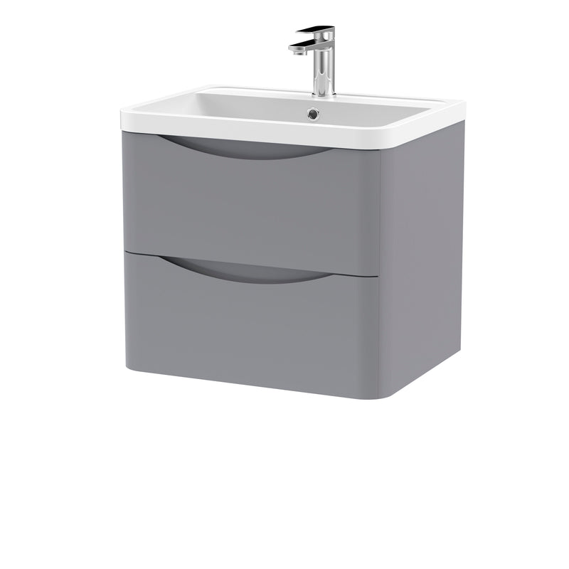 Nuie Lunar 600mm 2 drawer wall hung vanity unit with polymarble basin in Satin Grey