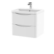 Nuie Lunar 600mm 2 drawer wall hung vanity unit with polymarble basin in Satin White