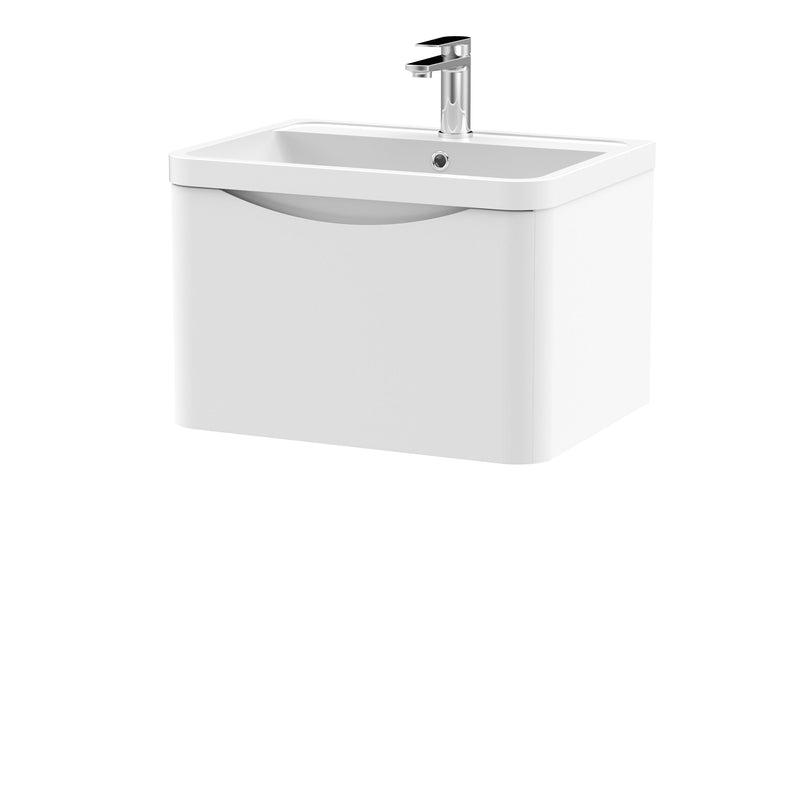 Nuie Lunar 600mm 1 drawer wall hung vanity unit with polymarble basin in Satin White