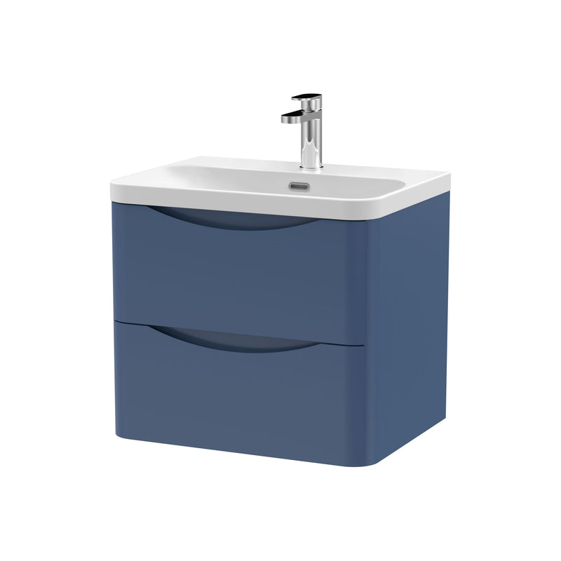 Nuie Lunar 600mm 2 drawer wall hung vanity unit with thin-edge ceramic basin in Satin Blue
