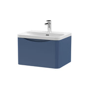 Nuie Lunar 600mm 1 drawer wall hung vanity unit with thin-edge ceramic basin in Satin Blue