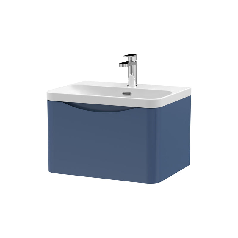 Nuie Lunar 600mm 1 drawer wall hung vanity unit with thin-edge ceramic basin in Satin Blue