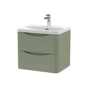 Nuie Lunar 600mm 2 drawer wall hung vanity unit with thin-edge ceramic basin in Satin Green