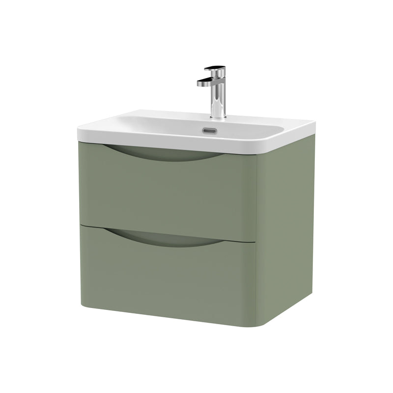Nuie Lunar 600mm 2 drawer wall hung vanity unit with thin-edge ceramic basin in Satin Green