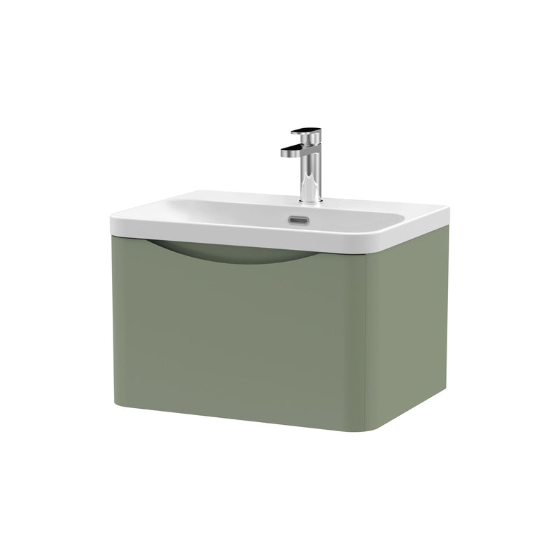 Nuie Lunar 600mm 1 drawer wall hung vanity unit with thin-edge ceramic basin in Satin Green