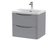 Nuie Lunar 600mm 2 drawer wall hung vanity unit with thin-edge ceramic basin in Satin Grey