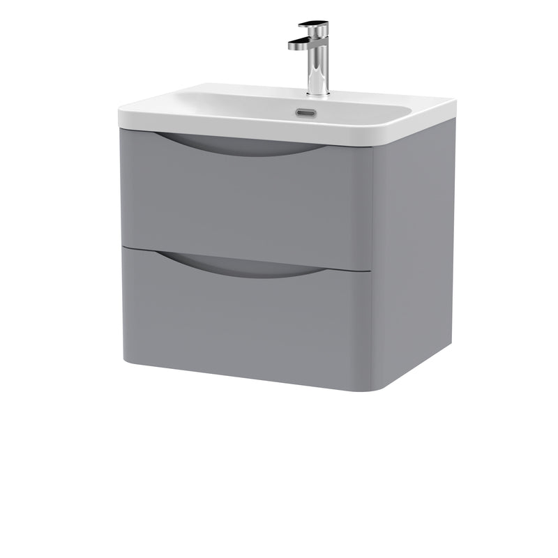 Nuie Lunar 600mm 2 drawer wall hung vanity unit with thin-edge ceramic basin in Satin Grey