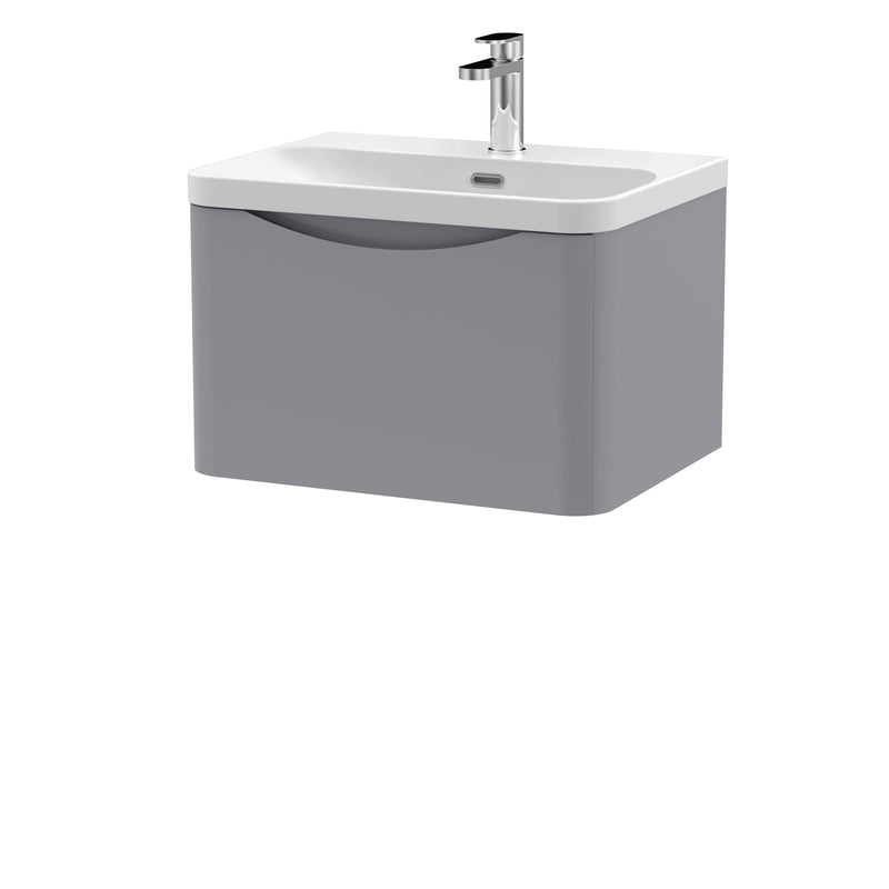 Nuie Lunar 600mm 1 drawer wall hung vanity unit with thin-edge ceramic basin in Satin Grey