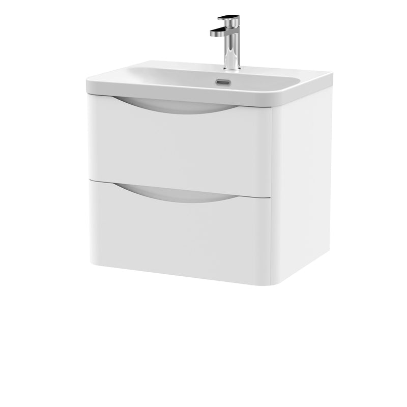 Nuie Lunar 600mm 2 drawer wall hung vanity unit with thin-edge ceramic basin in Satin White