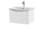 Nuie Lunar 600mm 1 drawer wall hung vanity unit with thin-edge ceramic basin in Satin White