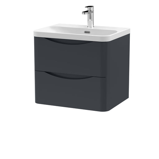 Nuie Lunar 600mm 2 drawer wall hung vanity unit with thin-edge ceramic basin in Soft Black