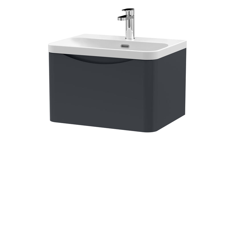 Nuie Lunar 600mm 1 drawer wall hung vanity unit with thin-edge ceramic basin in Soft Black