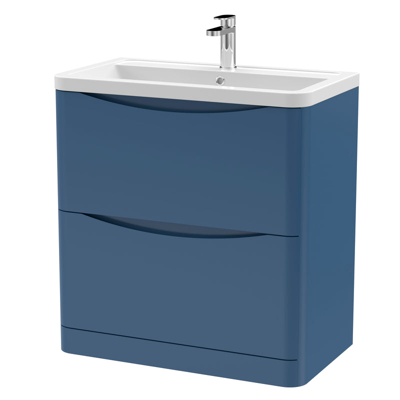 Nuie Lunar 800mm 2 drawer floor standing vanity unit with ceramic basin in Satin Blue
