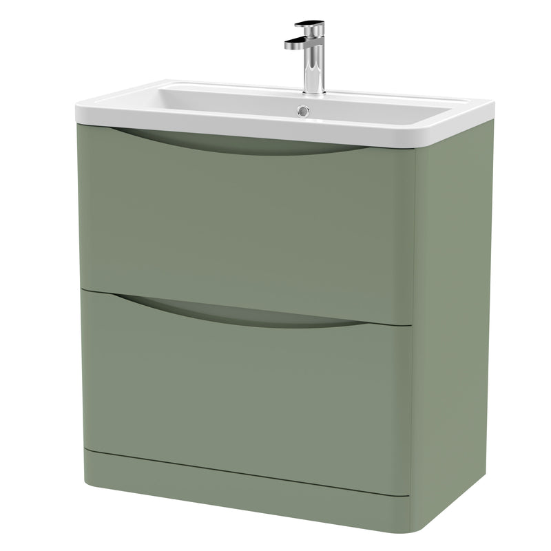Nuie Lunar 800mm 2 drawer floor standing vanity unit with ceramic basin in Satin Green