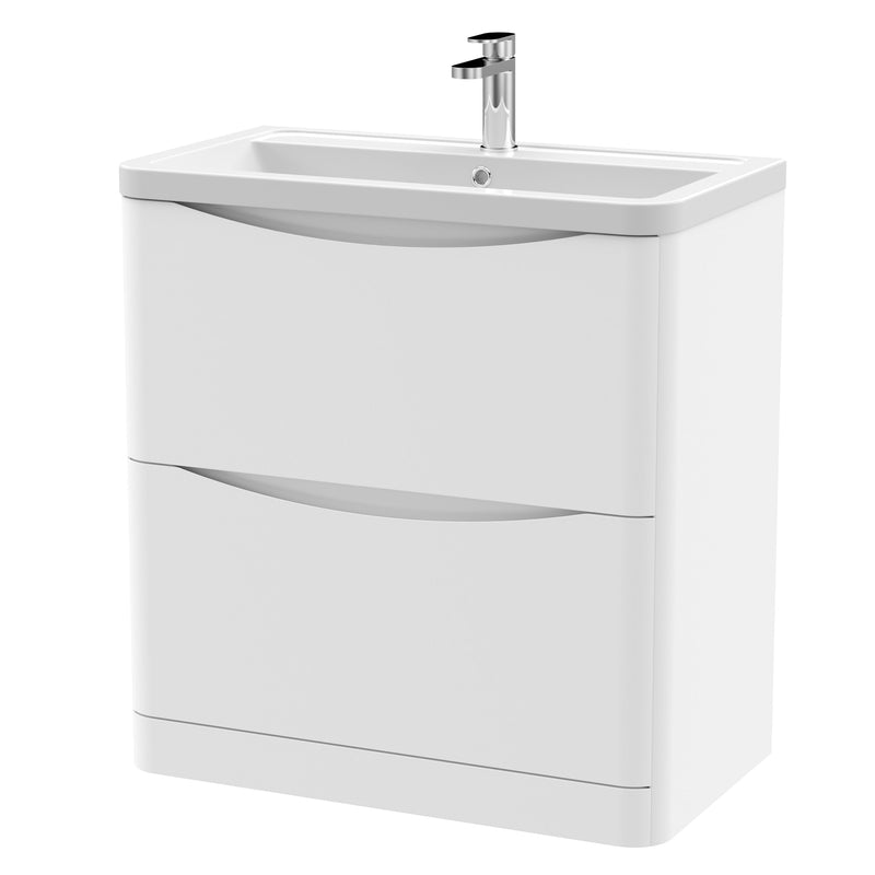 Nuie Lunar 800mm 2 drawer floor standing vanity unit with ceramic basin in Satin White