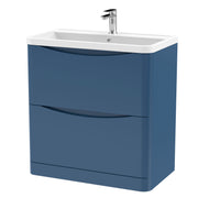 Nuie Lunar 800mm 2 drawer floor standing vanity unit with polymarble basin in Satin Blue