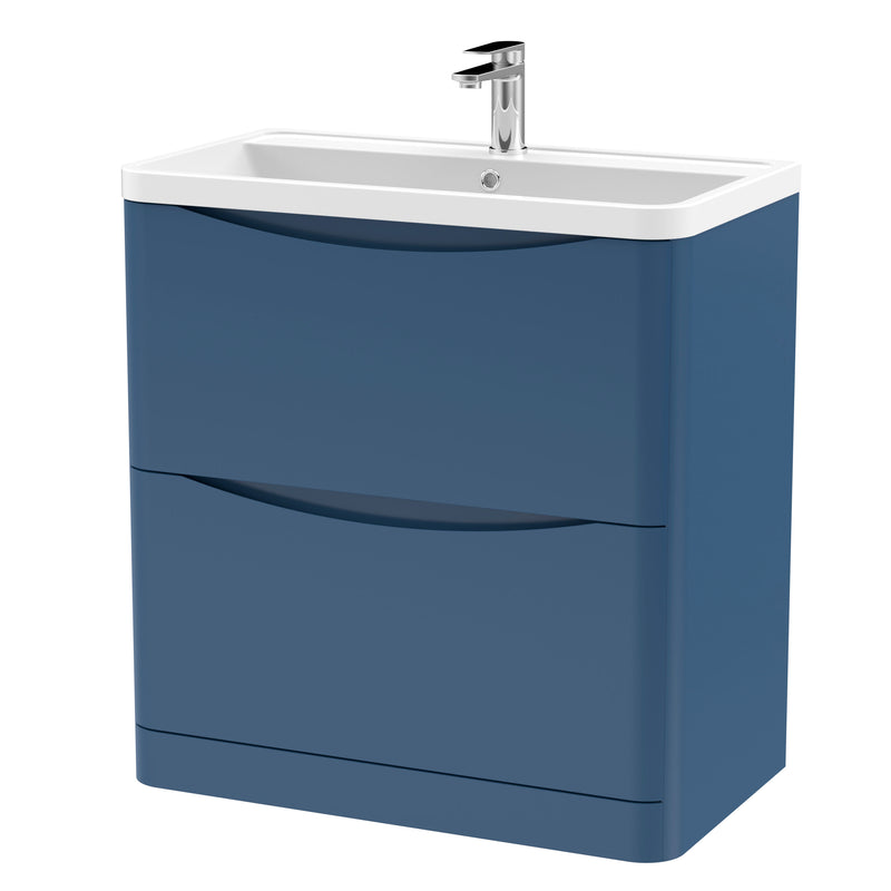Nuie Lunar 800mm 2 drawer floor standing vanity unit with polymarble basin in Satin Blue