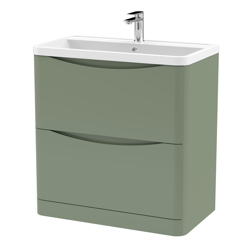 Nuie Lunar 800mm 2 drawer floor standing vanity unit with polymarble basin in Satin Green