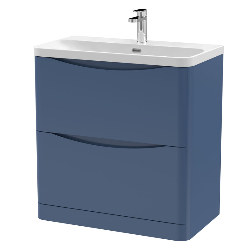 Nuie Lunar 800mm 2 drawer floor standing vanity unit with thin-edge ceramic basin in Satin Blue