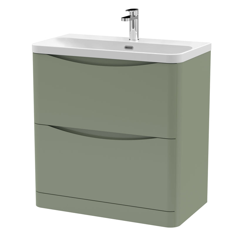 Nuie Lunar 800mm 2 drawer floor standing vanity unit with thin-edge ceramic basin in Satin Green