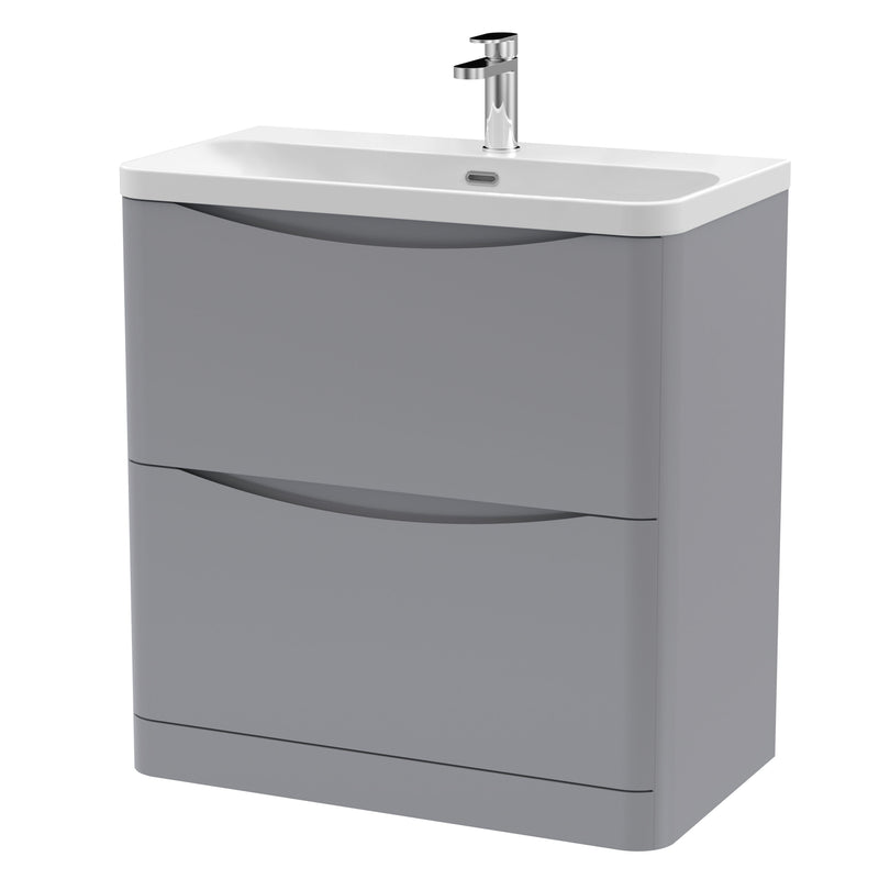 Nuie Lunar 800mm 2 drawer floor standing vanity unit with thin-edge ceramic basin in Satin Grey