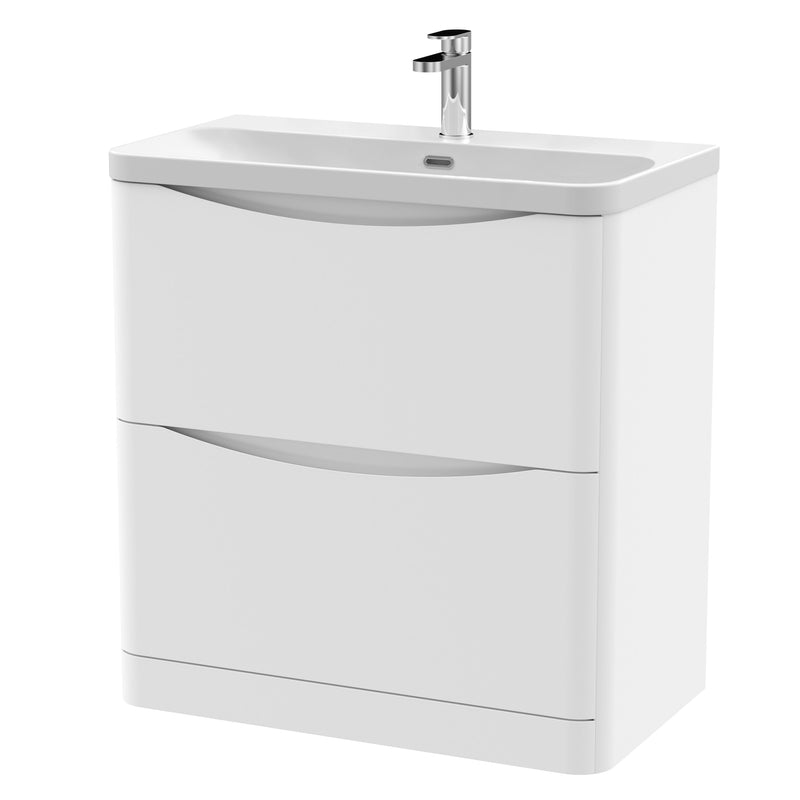 Nuie Lunar 800mm 2 drawer floor standing vanity unit with thin-edge ceramic basin in Satin White
