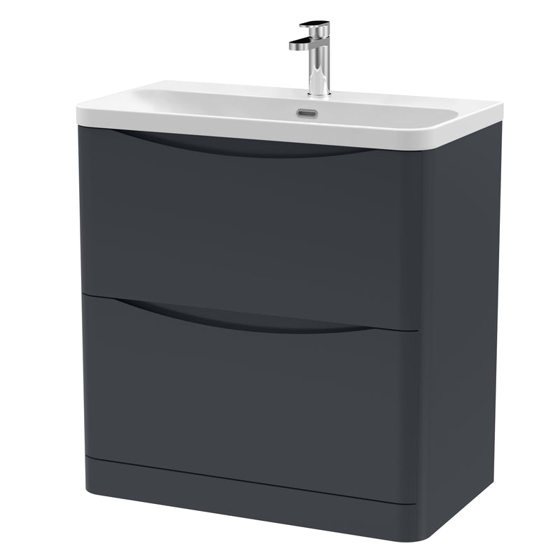 Nuie Lunar 800mm 2 drawer floor standing vanity unit with thin-edge ceramic basin in Soft Black