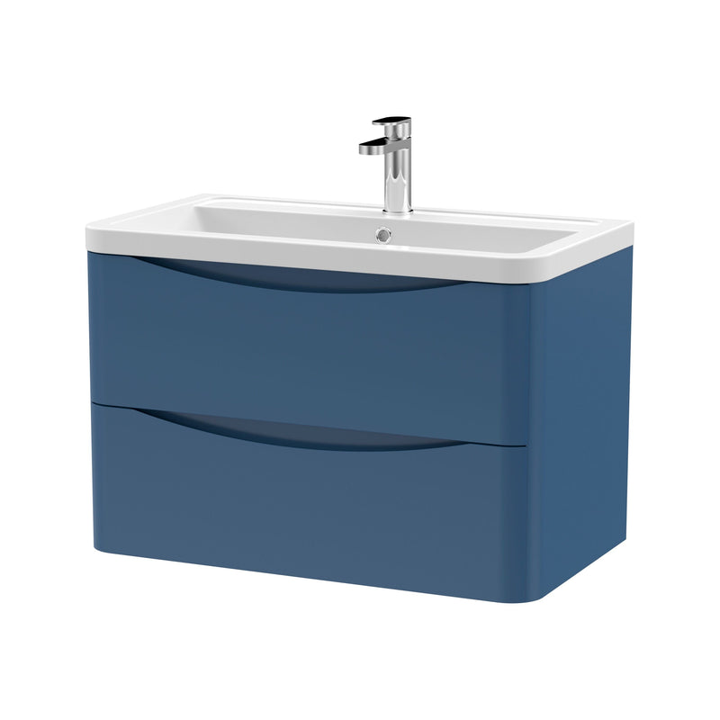 Nuie Lunar 800mm 2 drawer wall hung vanity unit with ceramic basin in Satin Blue