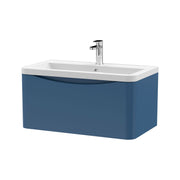 Nuie Lunar 800mm 1 drawer wall hung vanity unit with ceramic basin in Satin Blue