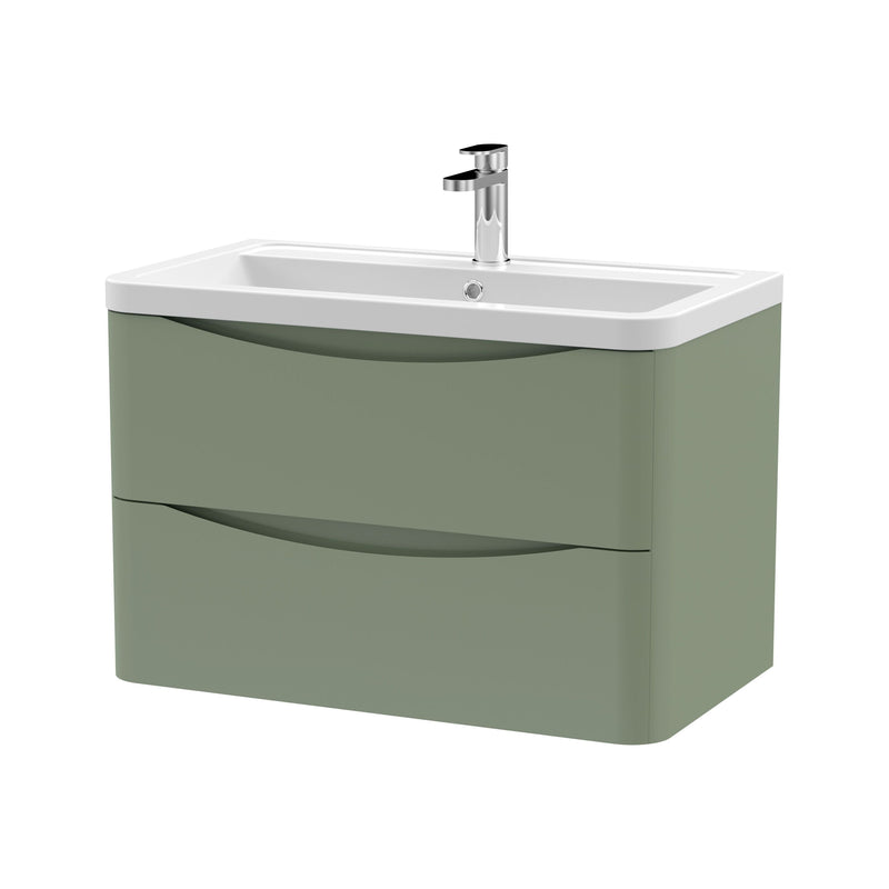 Nuie Lunar 800mm 2 drawer wall hung vanity unit with ceramic basin in Satin Green
