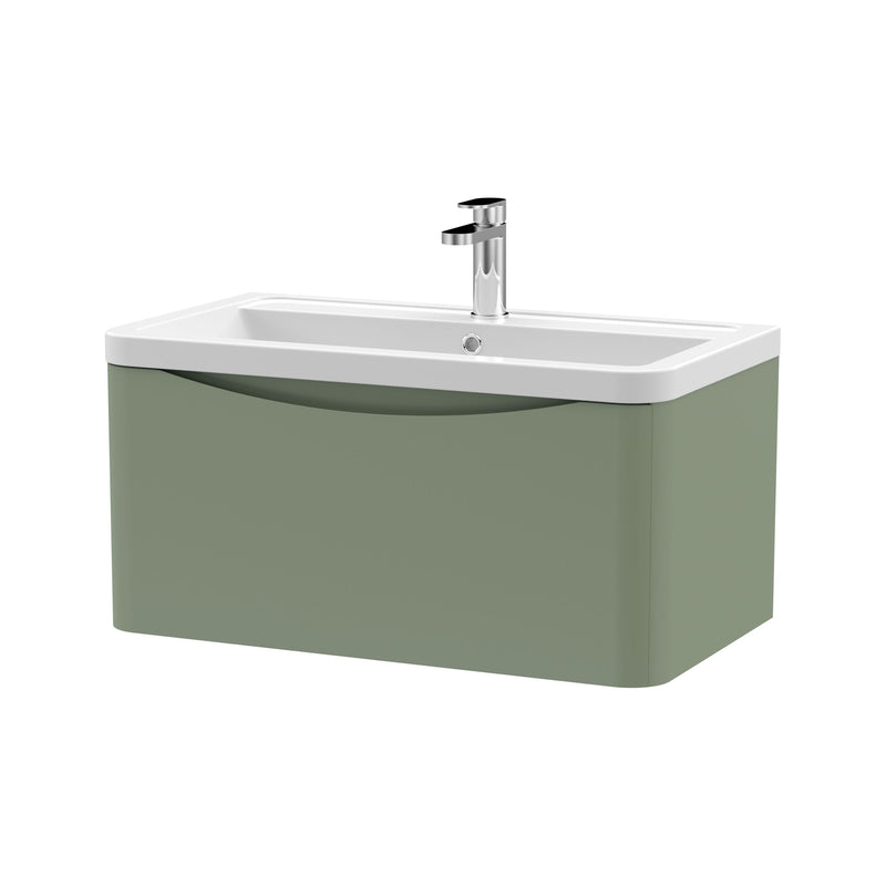 Nuie Lunar 800mm 1 drawer wall hung vanity unit with ceramic basin in Satin Green