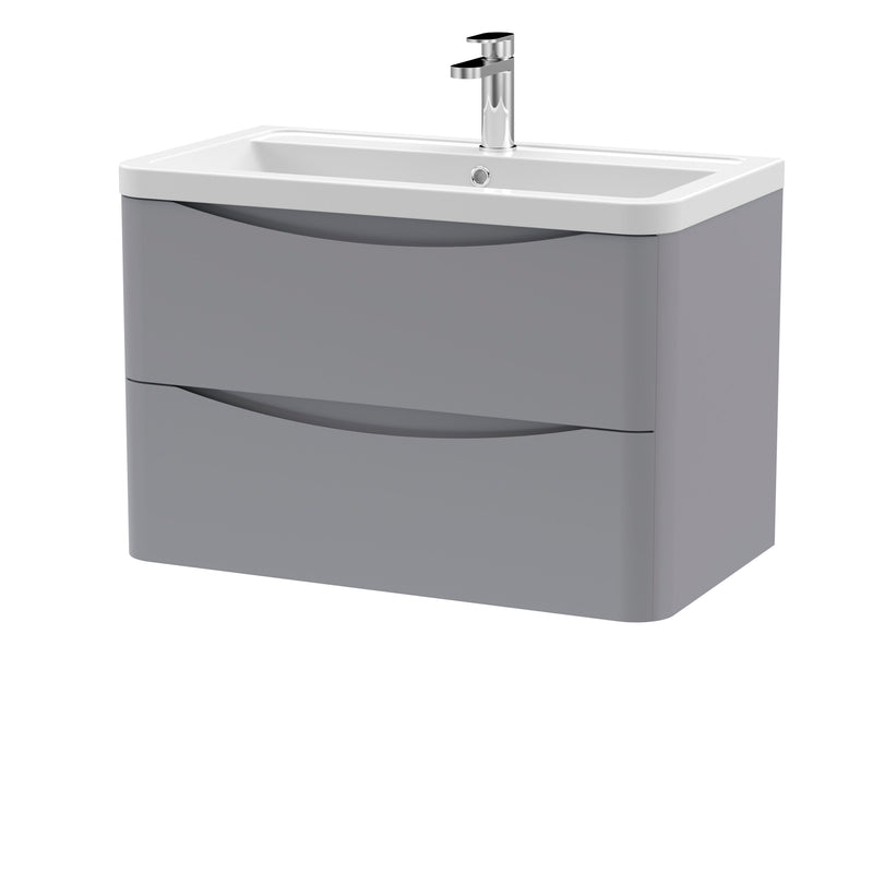 Nuie Lunar 800mm 2 drawer wall hung vanity unit with ceramic basin in Satin Grey