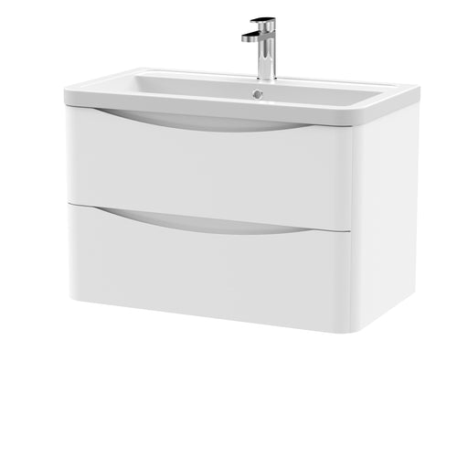 Nuie Lunar 800mm 2 drawer wall hung vanity unit with ceramic basin in Satin White