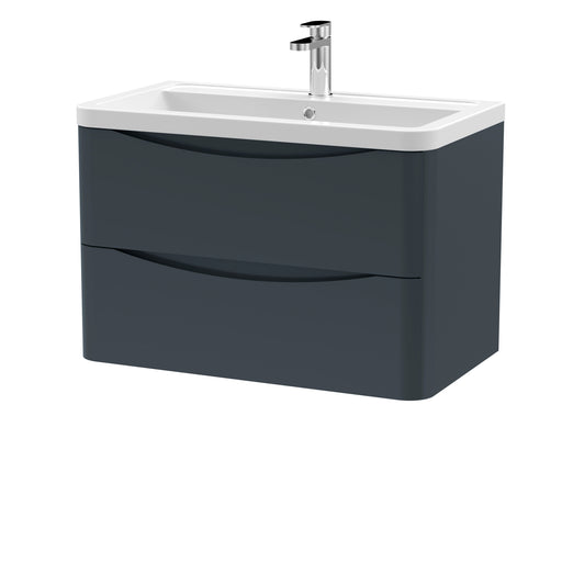 Nuie Lunar 800mm 2 drawer wall hung vanity unit with ceramic basin in Soft Black