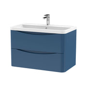 Nuie Lunar 800mm 2 drawer wall hung vanity unit with polymarble basin in Satin Blue