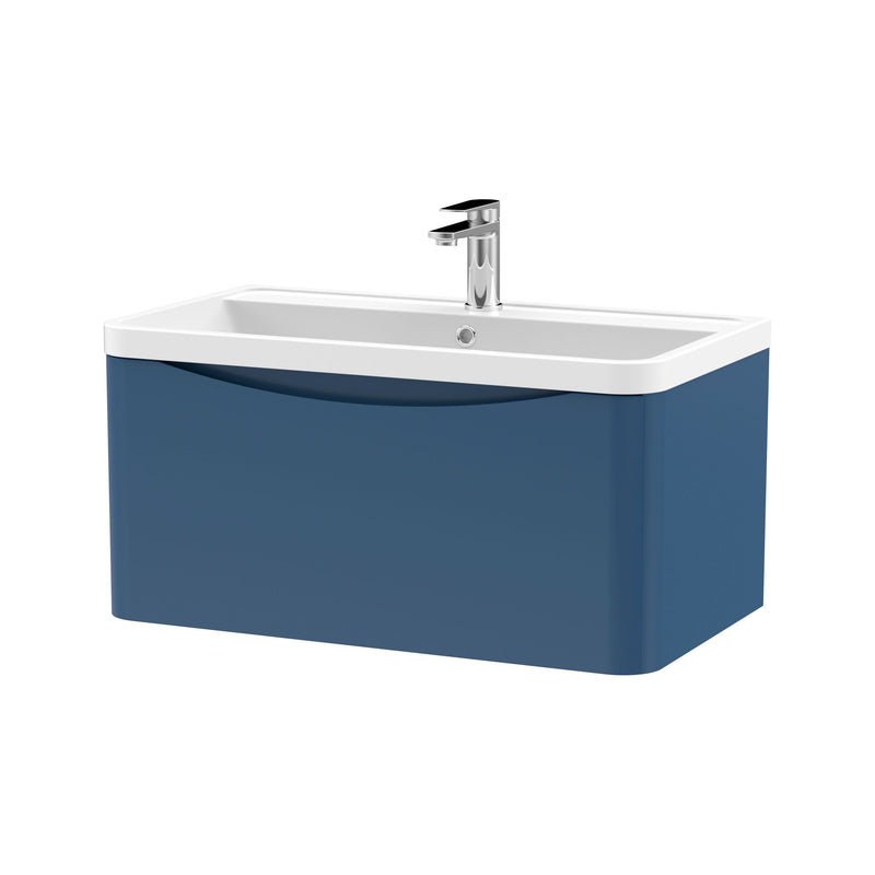 Nuie Lunar 800mm 1 drawer wall hung vanity unit with polymarble basin in Satin Blue