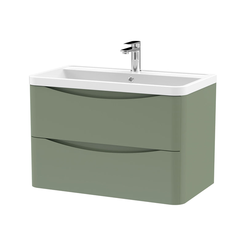 Nuie Lunar 800mm 2 drawer wall hung vanity unit with polymarble basin in Satin Green